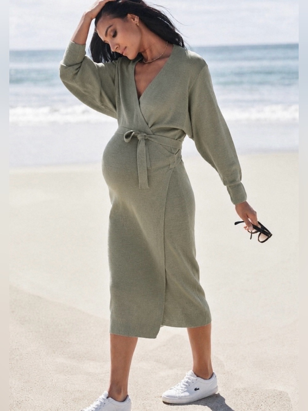 Legoe Heritage Maternity Knit Cotton Wrap Dress Olive Size 8 10 L XL NWT